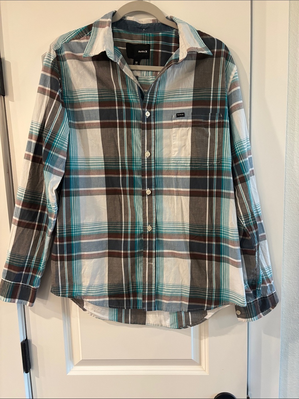 Hurley Men’s Teal, Brown and White Plaid Button-Down Shirt